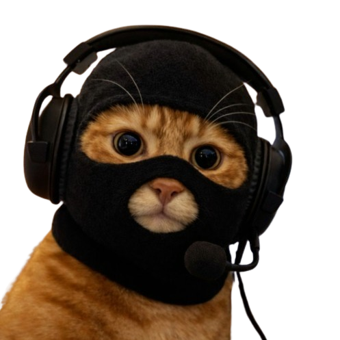 CATWIFMASK mascot — orange cat in a balaclava with gaming headset and leather jacket